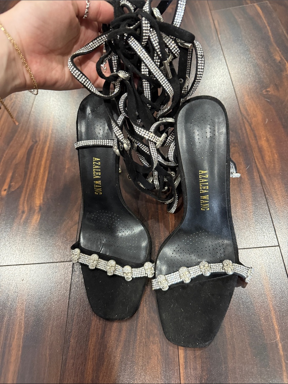 Azalea Wang Black Rhinestone Lace-Up Heels